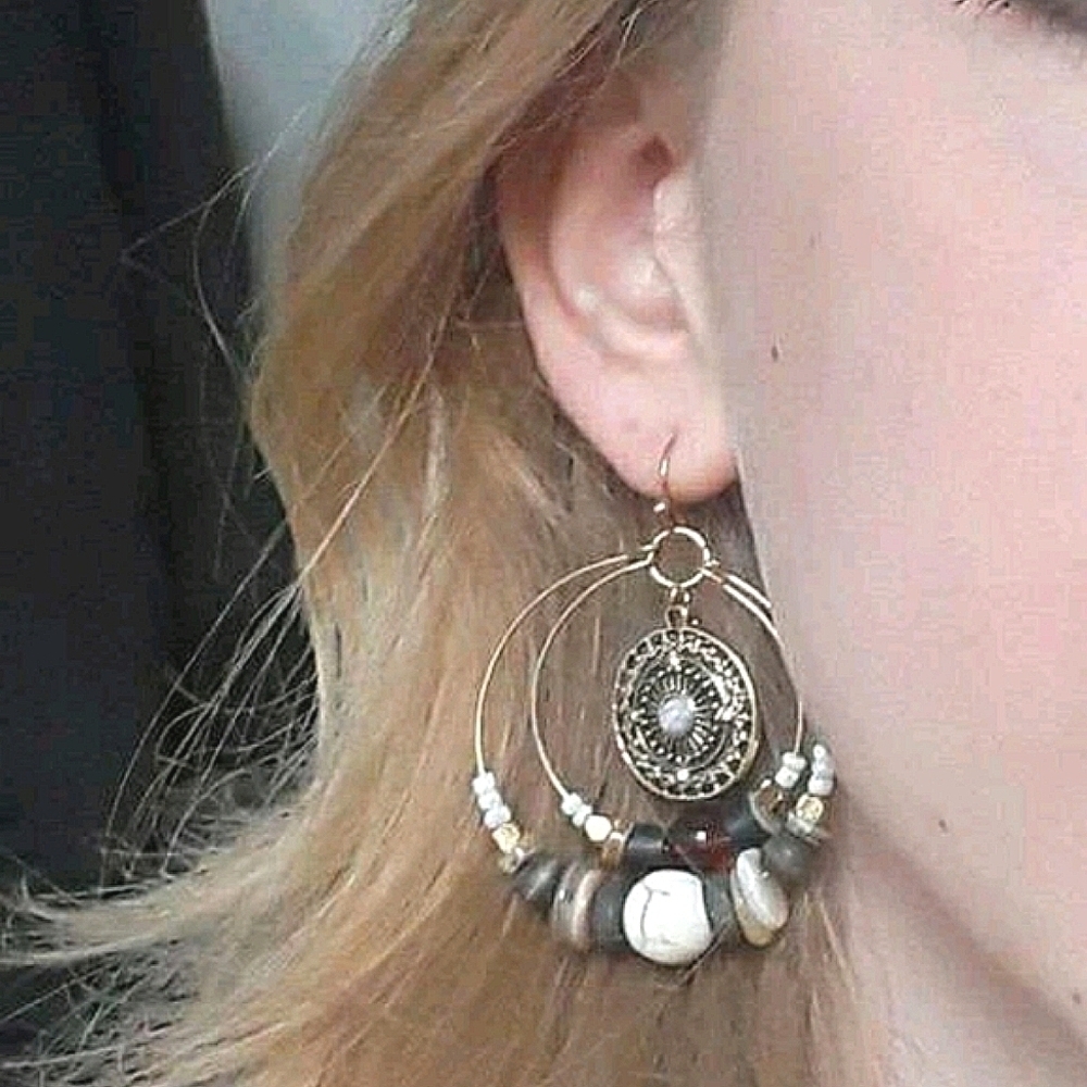 Gold hoop earrings Boho Chunky Beaded dangle chandelier white 💖2/$30